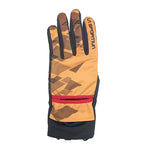 The La Sportiva Session Tech Gloves Men's is a single lightweight glove featuring an orange and black geometric pattern, a red accent strip, and La Sportiva branding. Designed for aerobic skiing or mountain running, the palm and fingertips are solid black.