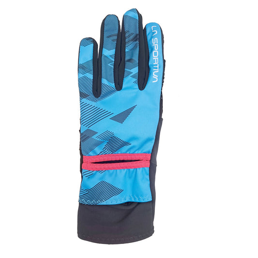 The La Sportiva Session Tech Gloves Women's is a single lightweight glove in blue and black with geometric patterns, a pink accent, and La Sportiva on the index finger—perfect for mountain running or aerobic skiing in cold weather.