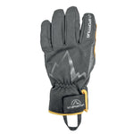 The La Sportiva Ski Touring Gloves are insulated black gloves with yellow trim, a mountain graphic on the back, and a wrist strap. Shown palm down, they're ideal for backcountry skiers.