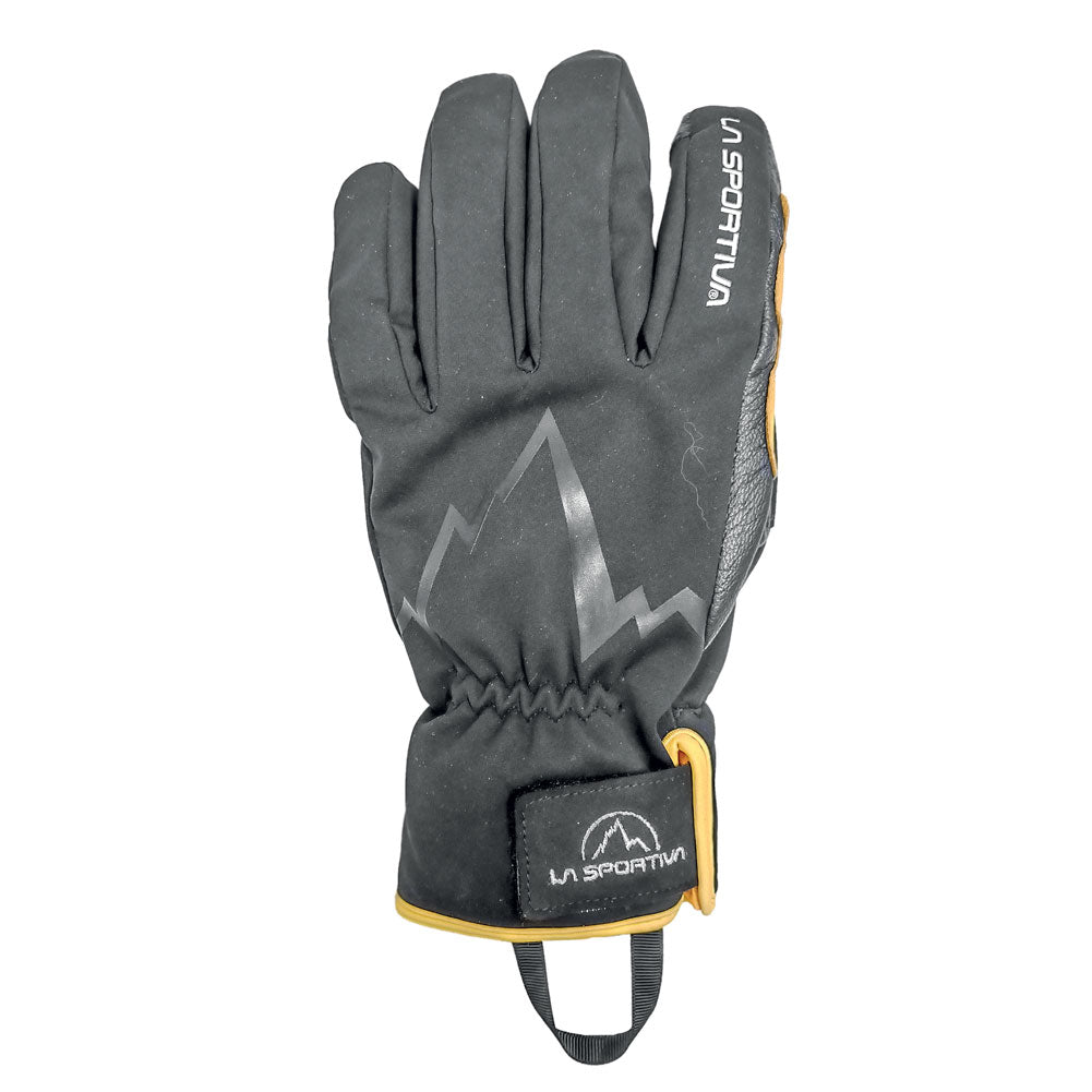 The La Sportiva Ski Touring Gloves are insulated black gloves with yellow trim, a mountain graphic on the back, and a wrist strap. Shown palm down, they're ideal for backcountry skiers.