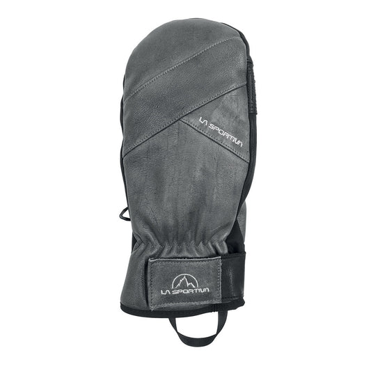 A single grey La Sportiva Free Touring Mitten, insulated with Primaloft and featuring a black wrist strap, distinctive stitching, and the La Sportiva logo on the wrist and back. Waterproof leather shown from the palm side.