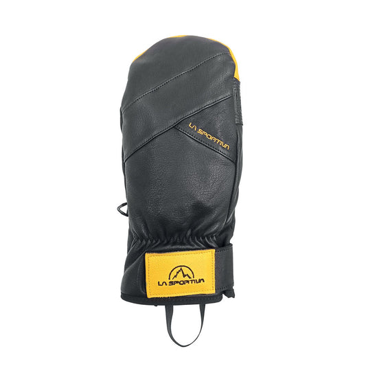 The La Sportiva Free Touring Mittens feature a black and yellow design, waterproof leather texture, visible stitching, and a Velcro strap with the brand logo—perfect for those seeking durable backcountry ski gloves.