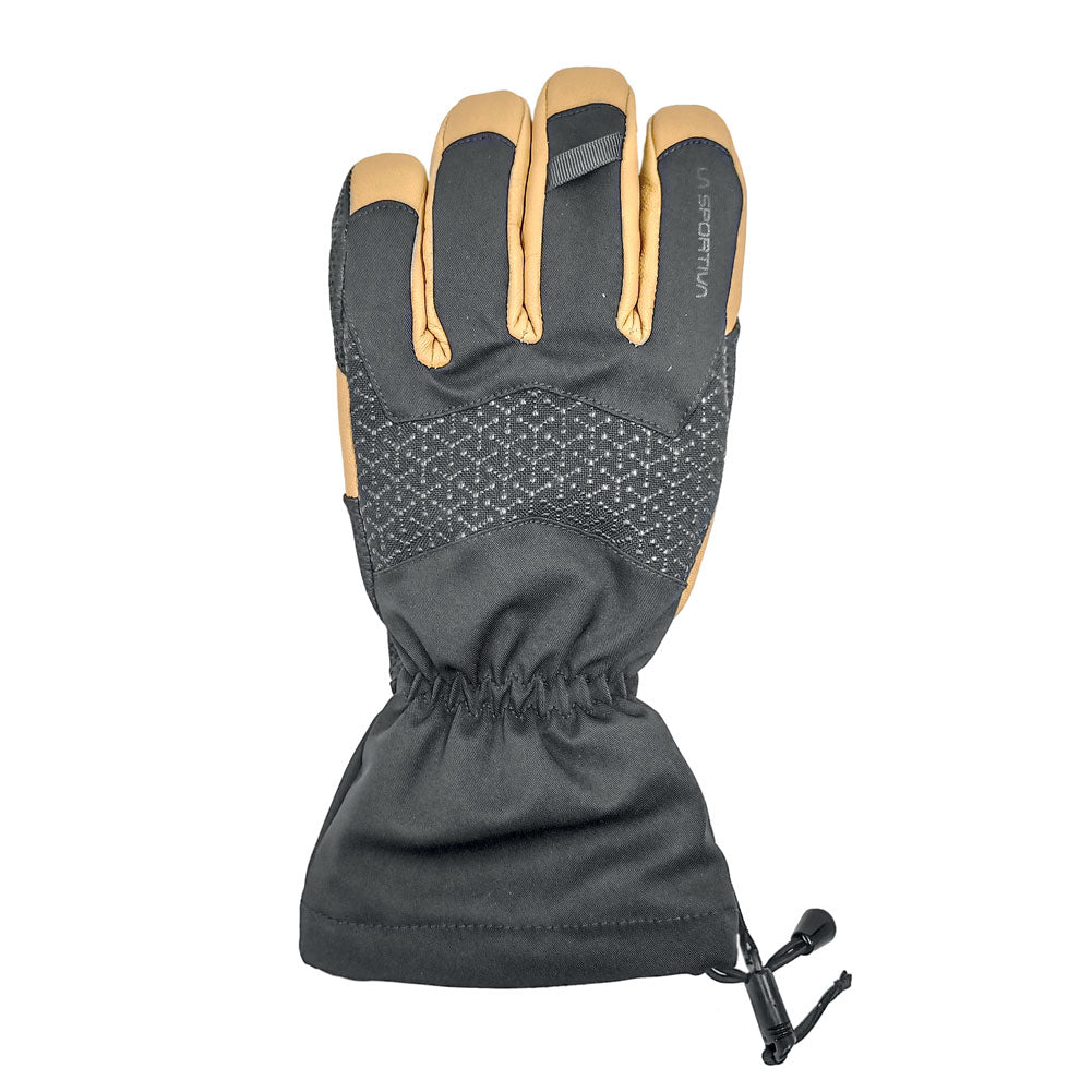 The La Sportiva Alpine Guide Leather Gloves in black and tan feature a textured palm grip, elastic-gathered wrist, and adjustable cuff drawstring. Shown palm-up on a white background, these durable gloves offer premium protection.