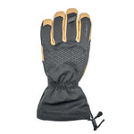 The La Sportiva Alpine Guide Leather Gloves in black and tan feature a textured palm grip, elastic-gathered wrist, and adjustable cuff drawstring. Shown palm-up on a white background, these durable gloves offer premium protection.