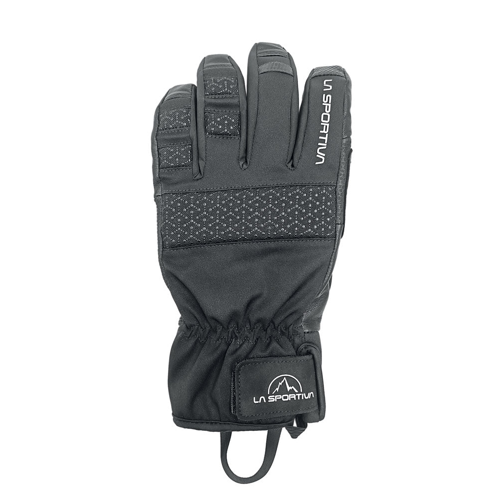 The La Sportiva Supercouloir Insulated Gloves are black mountaineering gloves with a textured palm grip, LA SPORTIVA logos on the index finger and wrist, and an elastic cuff with pull loop—perfect for cold weather adventures.