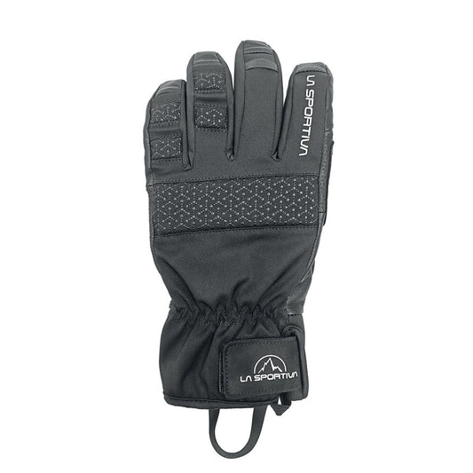 The La Sportiva Supercouloir Insulated Gloves are black mountaineering gloves with a textured palm grip, LA SPORTIVA logos on the index finger and wrist, and an elastic cuff with pull loop—perfect for cold weather adventures.