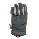The La Sportiva Supercouloir Tech Glove is black and gray with a textured grip, yellow logo on the index finger, adjustable wrist strap, and a visible palm—perfect for those needing durable alpinist gloves for winter use.