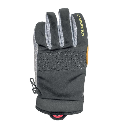 The La Sportiva Supercouloir Tech Glove is black and gray with a textured grip, yellow logo on the index finger, adjustable wrist strap, and a visible palm—perfect for those needing durable alpinist gloves for winter use.