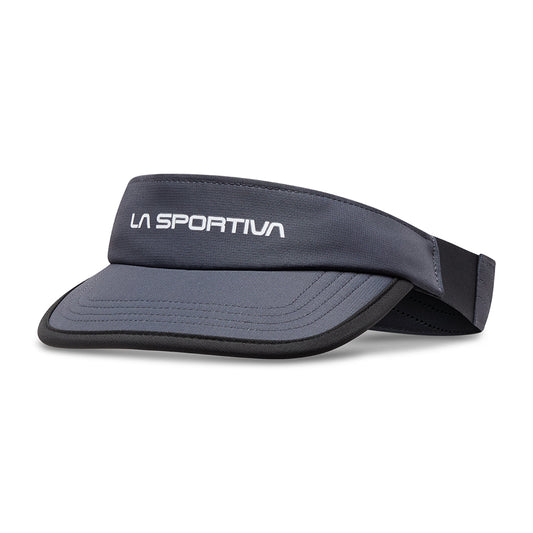 The La Sportiva Skyline Visor (2025) is a dark gray sports visor with a white La Sportiva logo, TurboDry technology, a curved brim, and an adjustable black band—perfect for trail running.