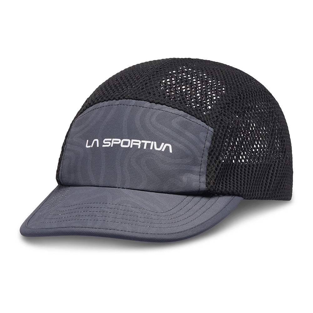 The La Sportiva Skyline Air Cap (2025) is a gray and black mesh trail running cap with a curved brim, LA SPORTIVA text on the front, and sides/back made with breathable TurboDry technology for comfort on your runs.