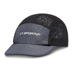 The La Sportiva Skyline Air Cap (2025) is a gray and black mesh trail running cap with a curved brim, LA SPORTIVA text on the front, and sides/back made with breathable TurboDry technology for comfort on your runs.