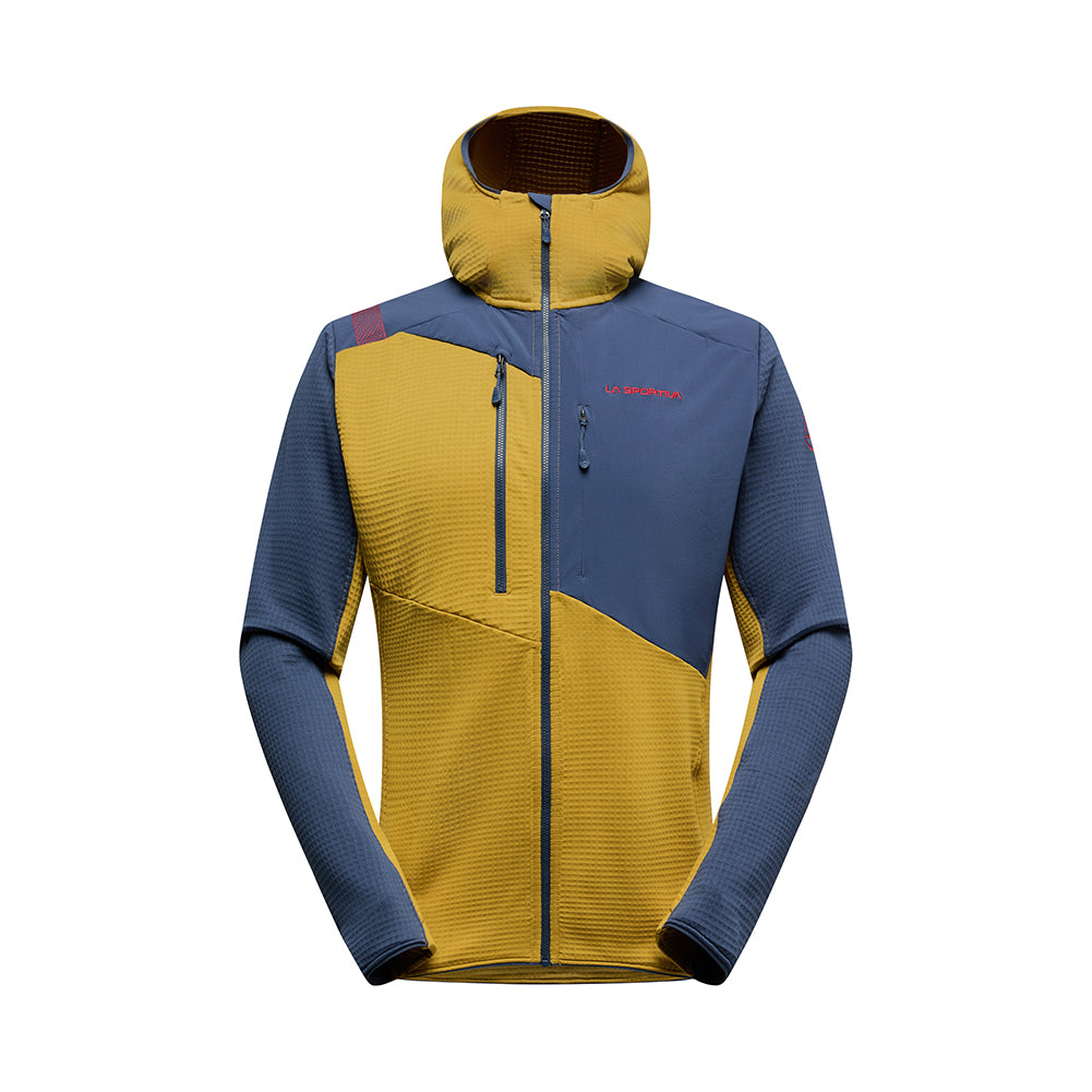 The La Sportiva Lucendro Thermal Hoody Men's is a quick-drying, two-tone yellow and blue jacket with a textured design, front zipper, two chest pockets, and long sleeves—ideal for mountaineers. Shown on a white background.