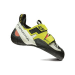 The La Sportiva Otaki Women's rock shoe, featuring yellow, black, and white colors with supportive Velcro closure, is shown from a side angle on a white background.
