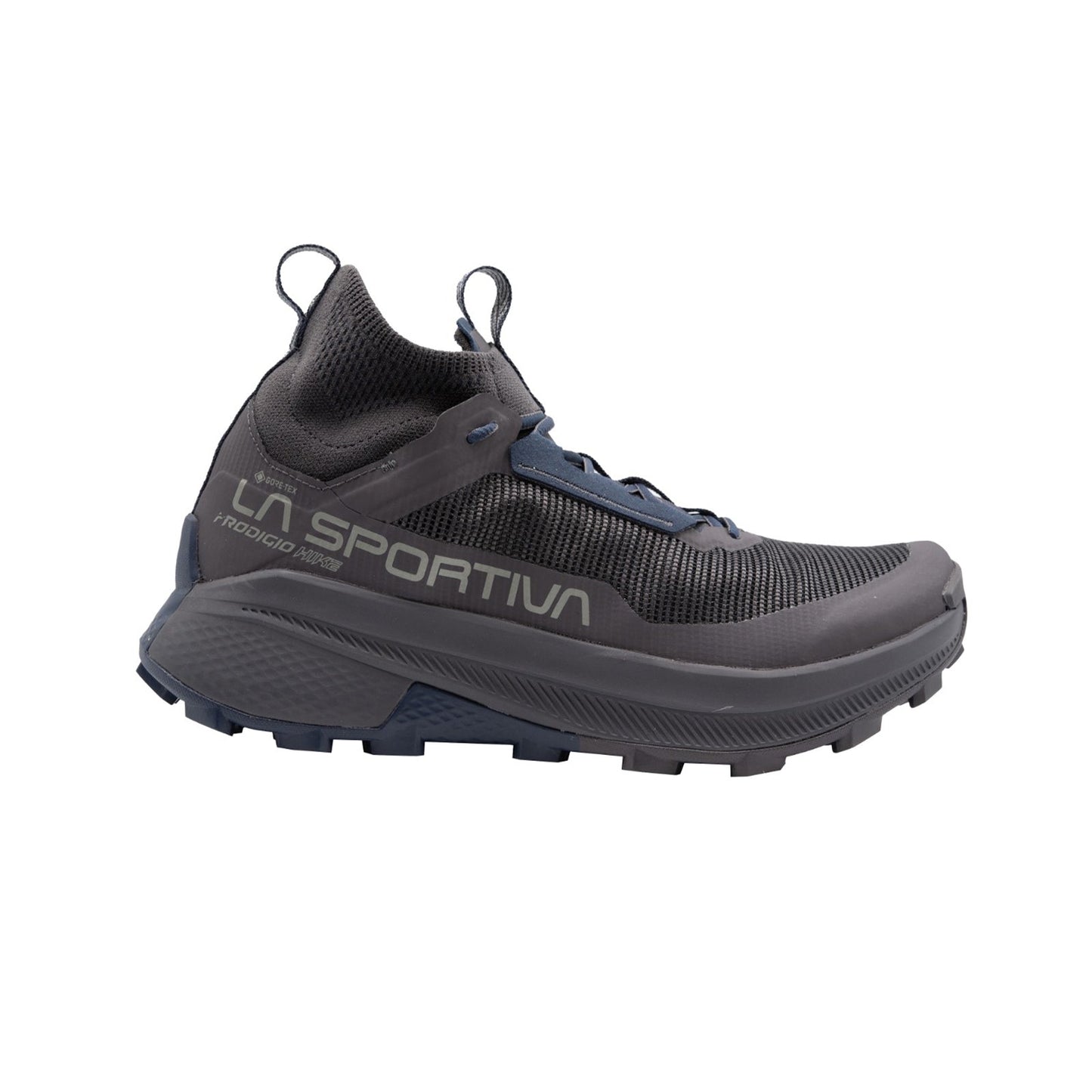 The La Sportiva Prodigio Hike GTX is a black and dark gray trail running shoe with a textured sole and high ankle design, featuring bold La Sportiva branding—ideal for durability and comfort during rugged trail adventures.