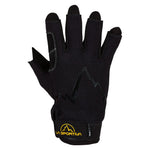 The La Sportiva Ferrata Gloves are black, fingerless belaying gloves with reinforced palm and thumb padding, a zigzag graphic on the back, and an adjustable wrist strap with a yellow logo—perfect for abrasion-resistant Via Ferrata use.