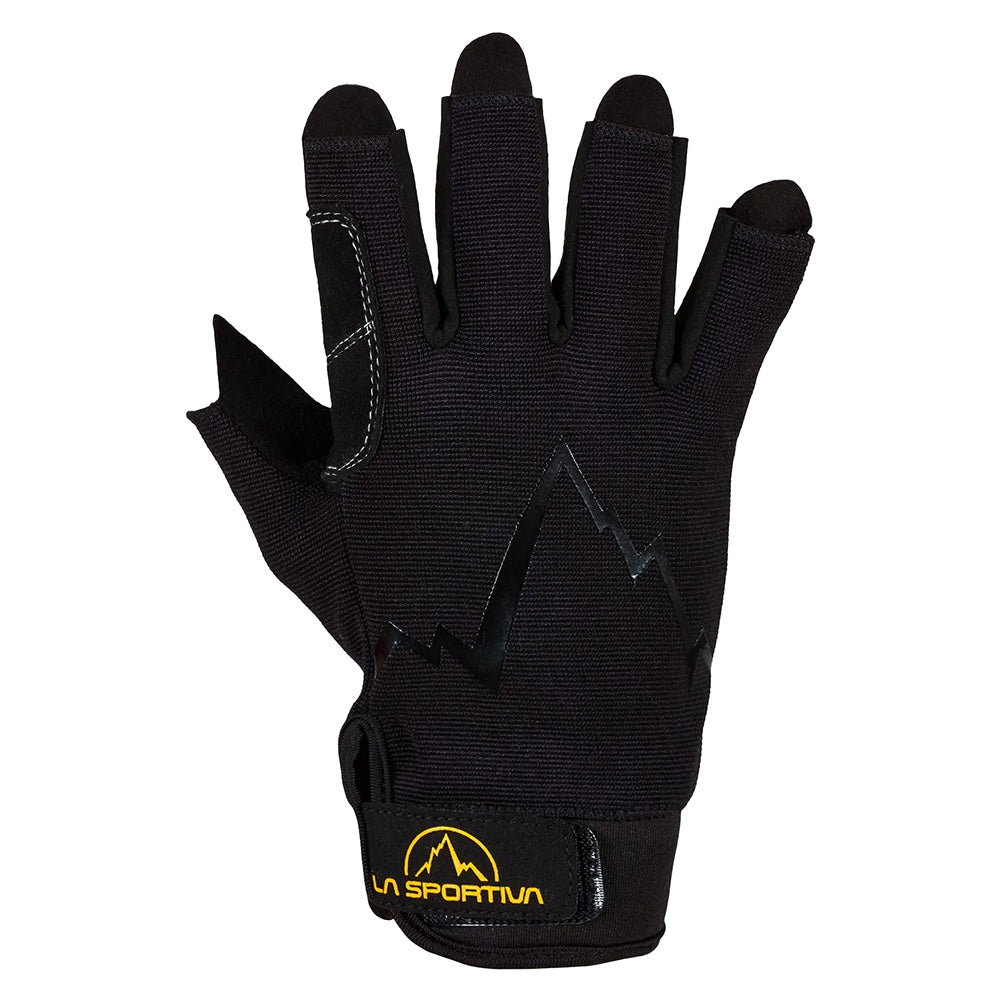The La Sportiva Ferrata Gloves are black, fingerless belaying gloves with reinforced palm and thumb padding, a zigzag graphic on the back, and an adjustable wrist strap with a yellow logo—perfect for abrasion-resistant Via Ferrata use.