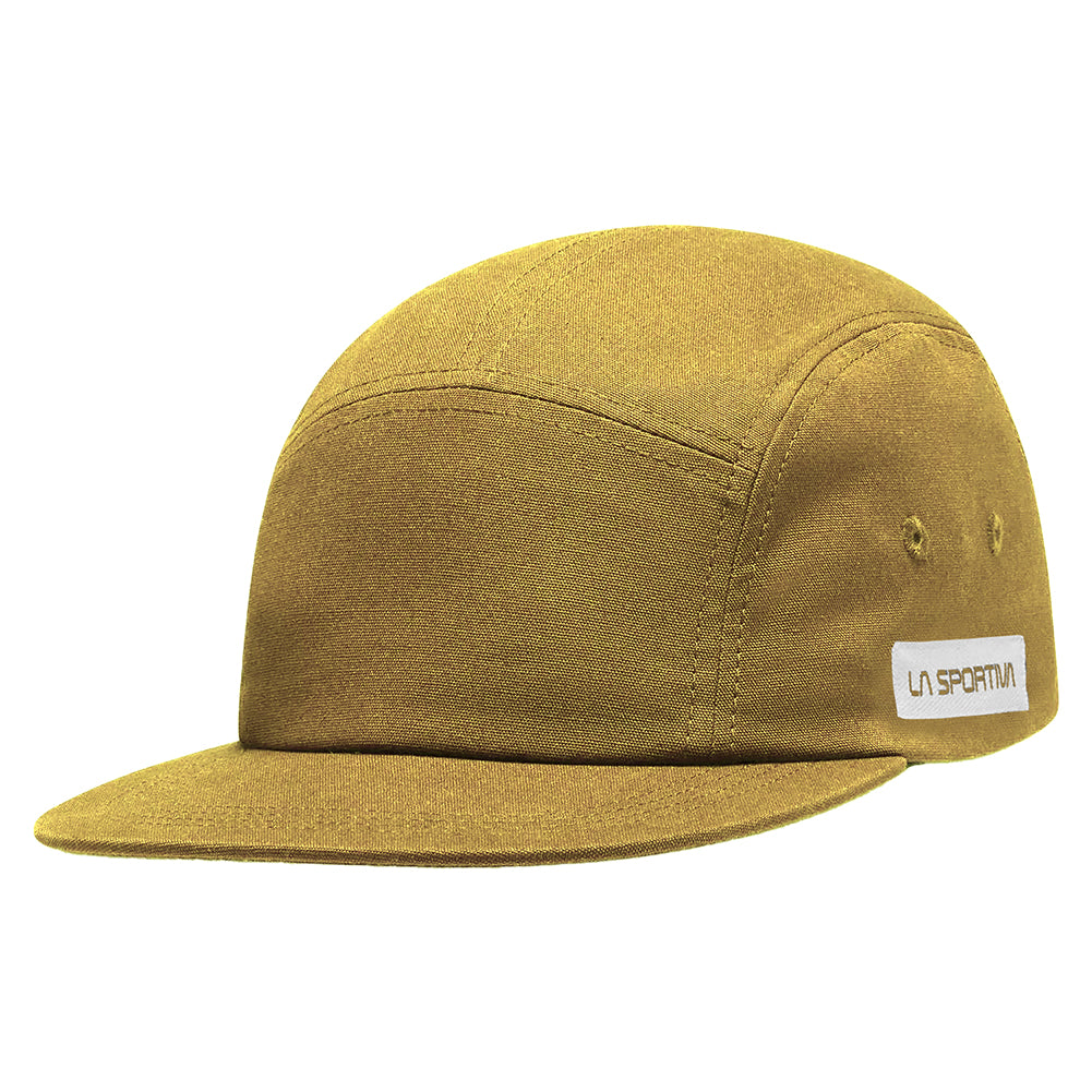 The La Sportiva Mountain Logo Hat (2025) is a brown five-panel cap with a flat brim, two side eyelets, and a small rectangular logo tag—made from organic cotton, ideal for outdoor adventures.