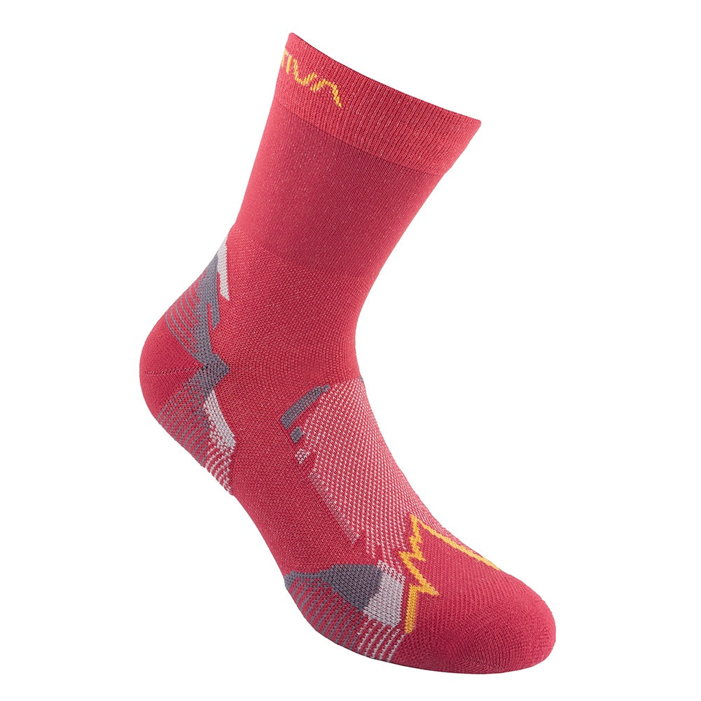 A single La Sportiva Hike Tech Sock in red with gray and yellow geometric patterns, made from breathable recycled polyamide and featuring a logo near the top, is shown on a white background.
