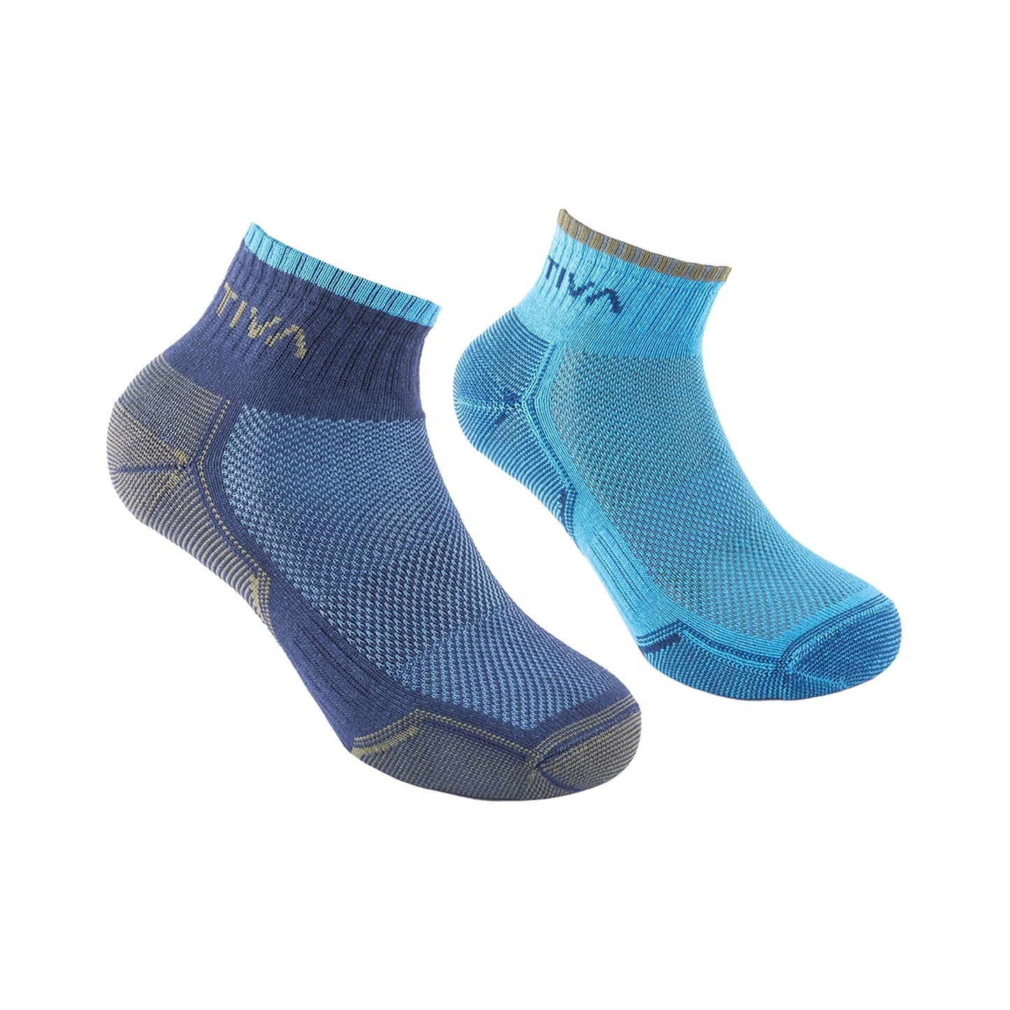 Two ankle-length La Sportiva Kids Running Socks—one dark blue with gray, the other light blue with teal—are shown side by side on a white background, offering comfortable everyday wear for kids.