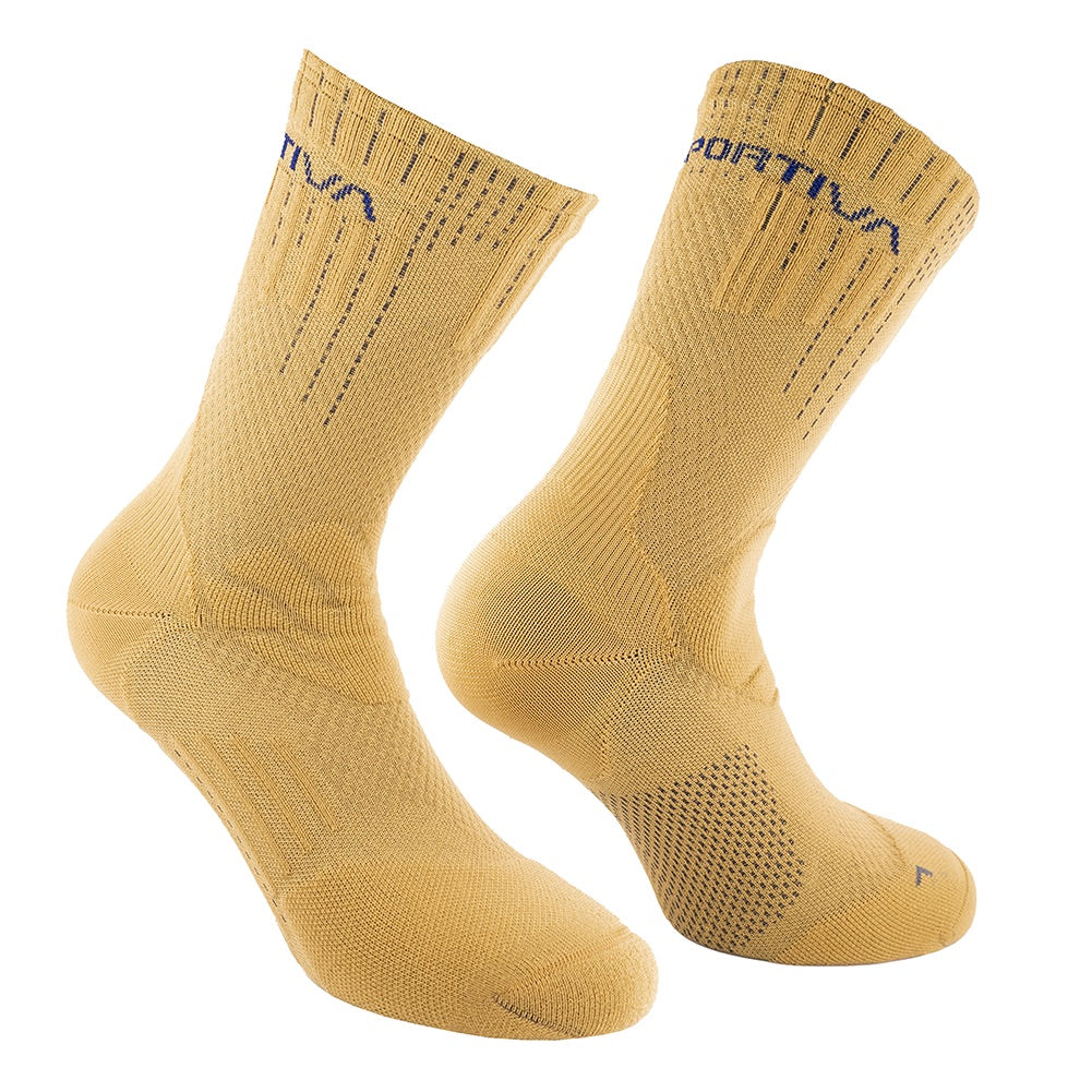 The La Sportiva Endurance Trail Socks are yellow crew-length athletic socks with blue text near the top. Their ribbed and mesh-like texture offers support and comfort for daily wear or rugged trails.
