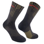 A pair of La Sportiva Endurance Trail Socks in black with yellow patterns and red branding at the top, designed for comfort and support on rugged trails, shown angled to display front and side views.