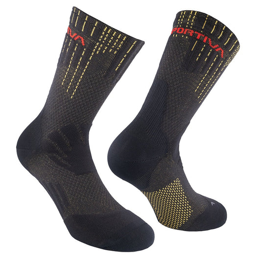 A pair of La Sportiva Endurance Trail Socks in black with yellow patterns and red branding at the top, designed for comfort and support on rugged trails, shown angled to display front and side views.