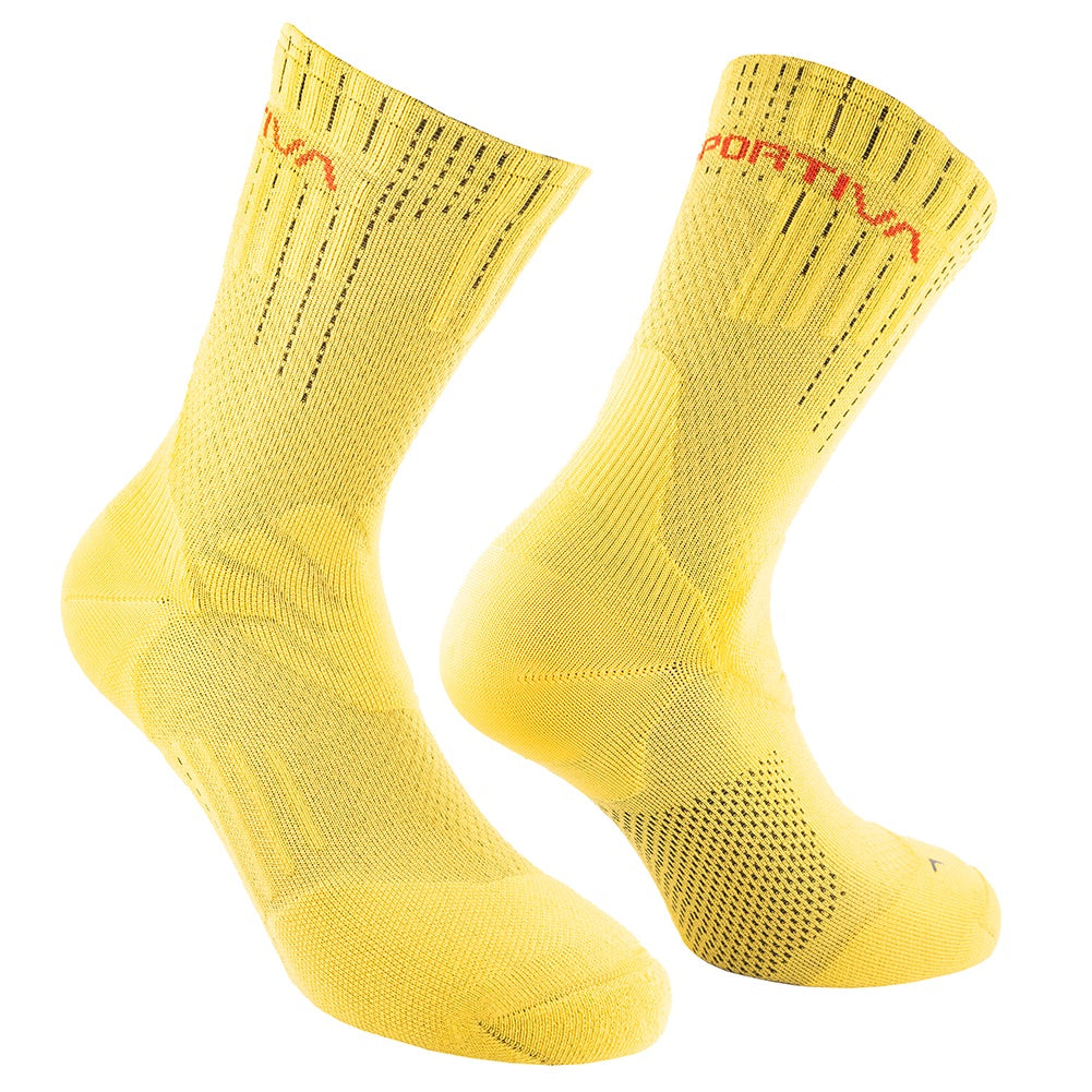La Sportiva Endurance Trail Socks are yellow athletic socks featuring a ribbed texture and ventilation for comfort on rugged trails. "PORTIVA" is written in red near the top.