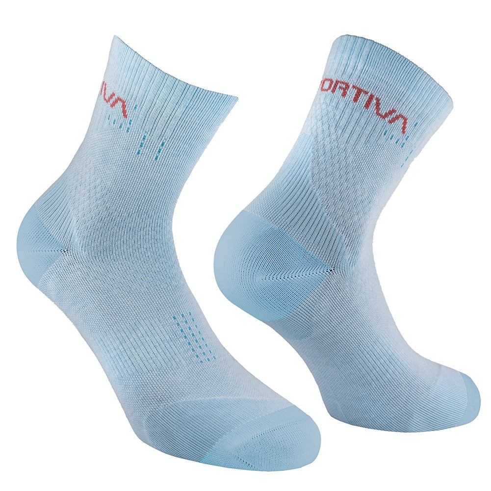 The La Sportiva Sprint Trail Socks are light blue, ribbed athletic socks featuring "LA SPORTIVA" in red on the cuff, ideal for short distance training or quick bursts of speed on trails.