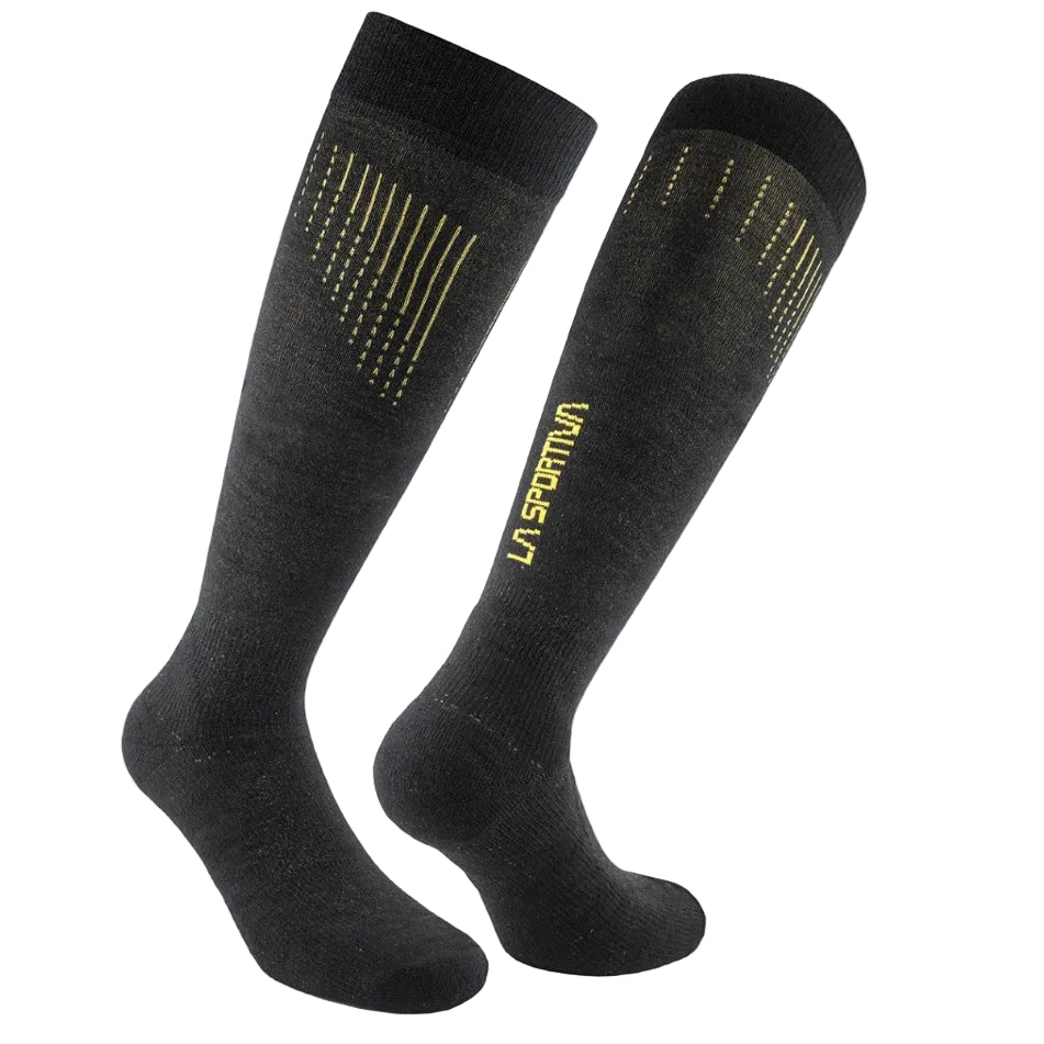A pair of black Wool Thermo Socks by La Sportiva, knee-high with yellow vertical dotted lines and "La Sportiva" written in yellow on the side.