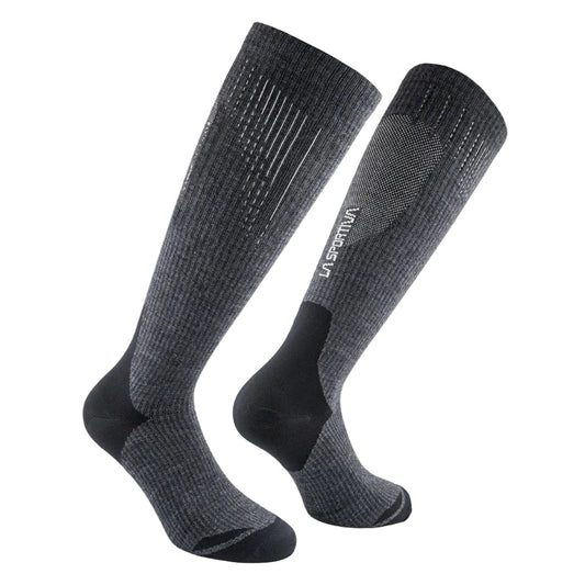 A pair of knee-high, dark gray La Sportiva Wool Tech Socks with black heel and toe accents, subtle stripes, and logo—performance socks designed for ski alpinists.